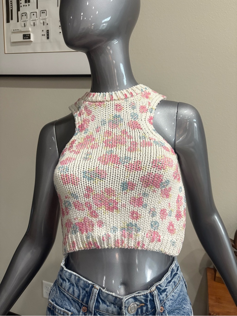Zara Floral Knit Cropped Halter Tank Top - Pink, White, Blue